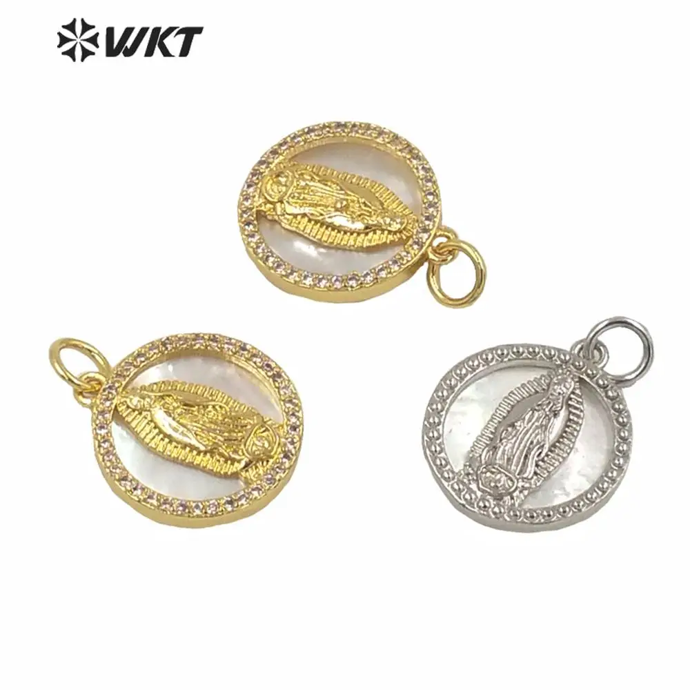 MP156 Popular white shell gold color pendants virgin mary mop shell pendant charming round shape jewelry pendant jewelry gift