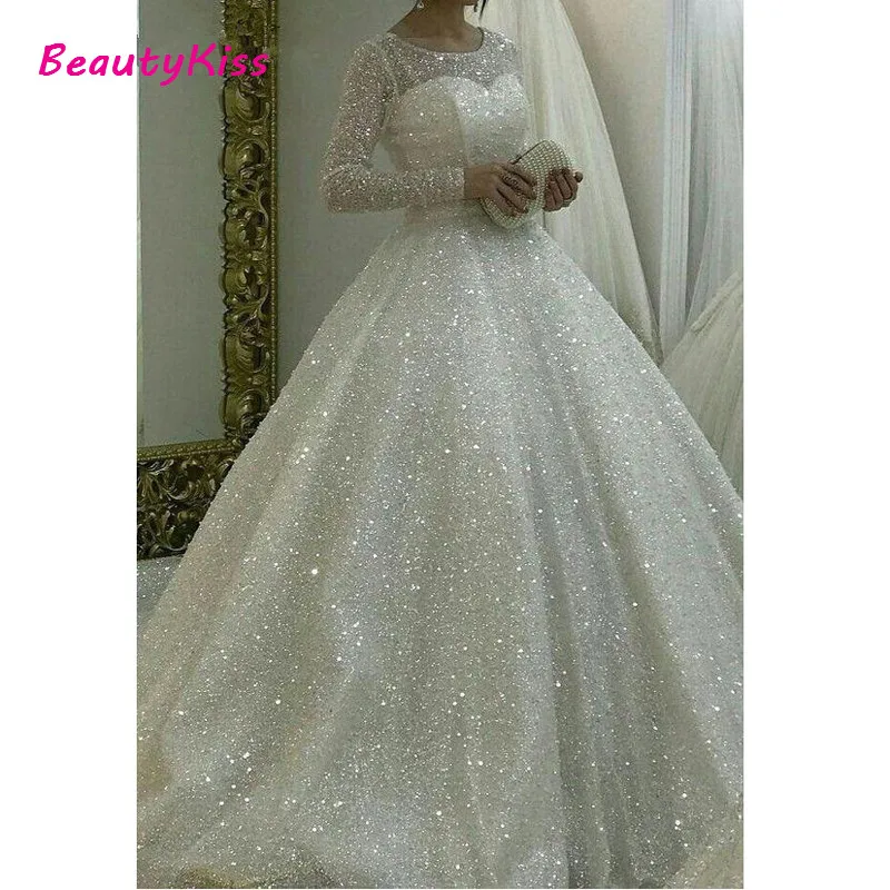 Vestido De Noiva Glittery Trouwjurken Baljurk Lange Mouwen Plus Size Prinses Bridal Party Dress Robe De Mariee