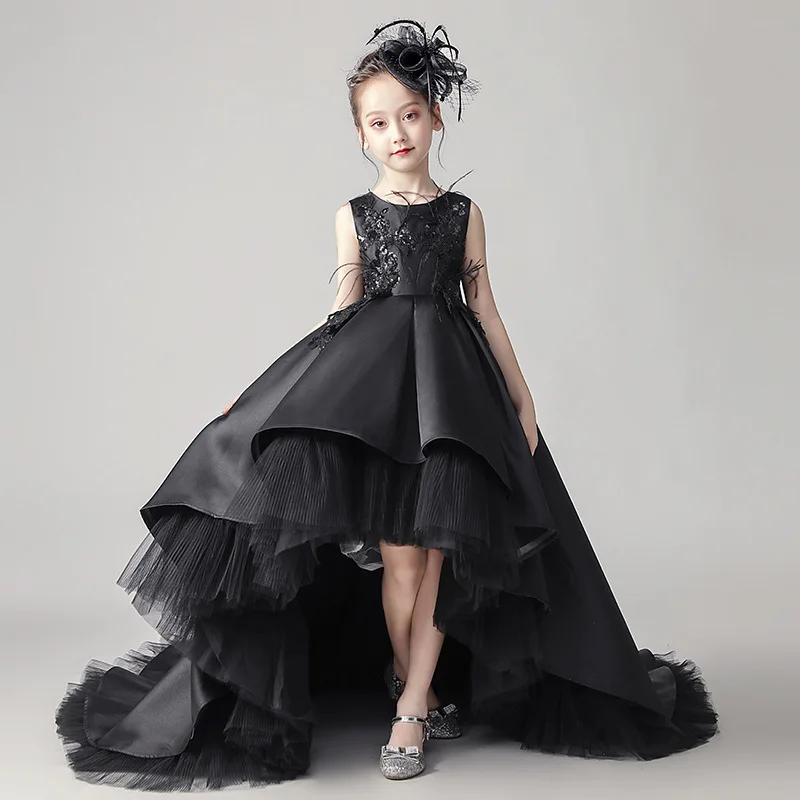 

Mignli Tengda Black Flower Girl Dresses For Party Kids Dresses Beading High Low Children Comunion girls child Ball gown Bow