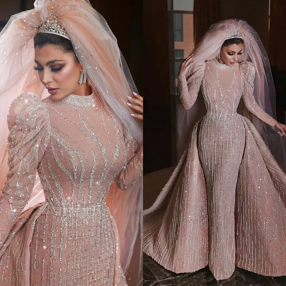 

Arabic Beading Mermaid Wedding Dresses With Detachable Train 2020 Long Sleeves Crystal Wedding Gowns Luxurious robes de mariée