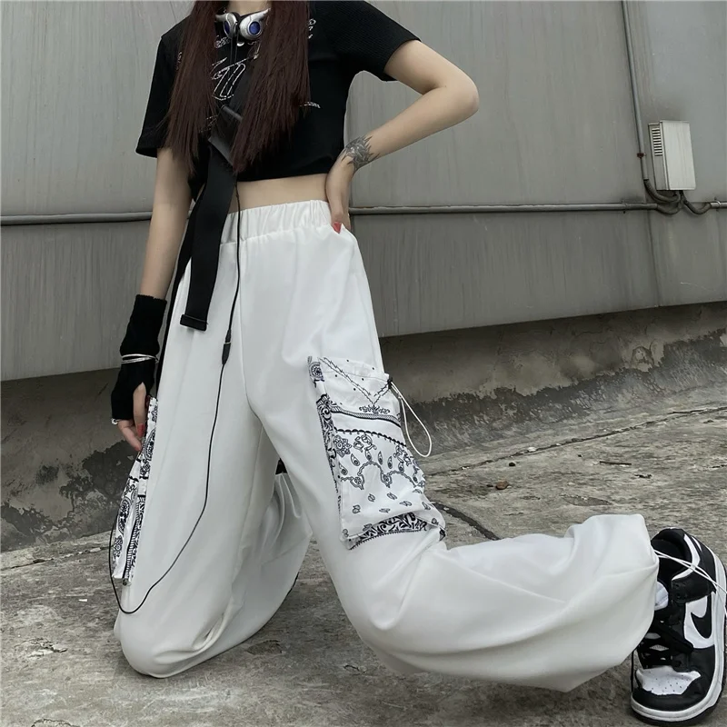 Korean New Harajuku Casual Loose Harem Pants Vintage High Waist Pattern Big Pocket Trouser Elastic Waist Overalls Tie Feet Pants