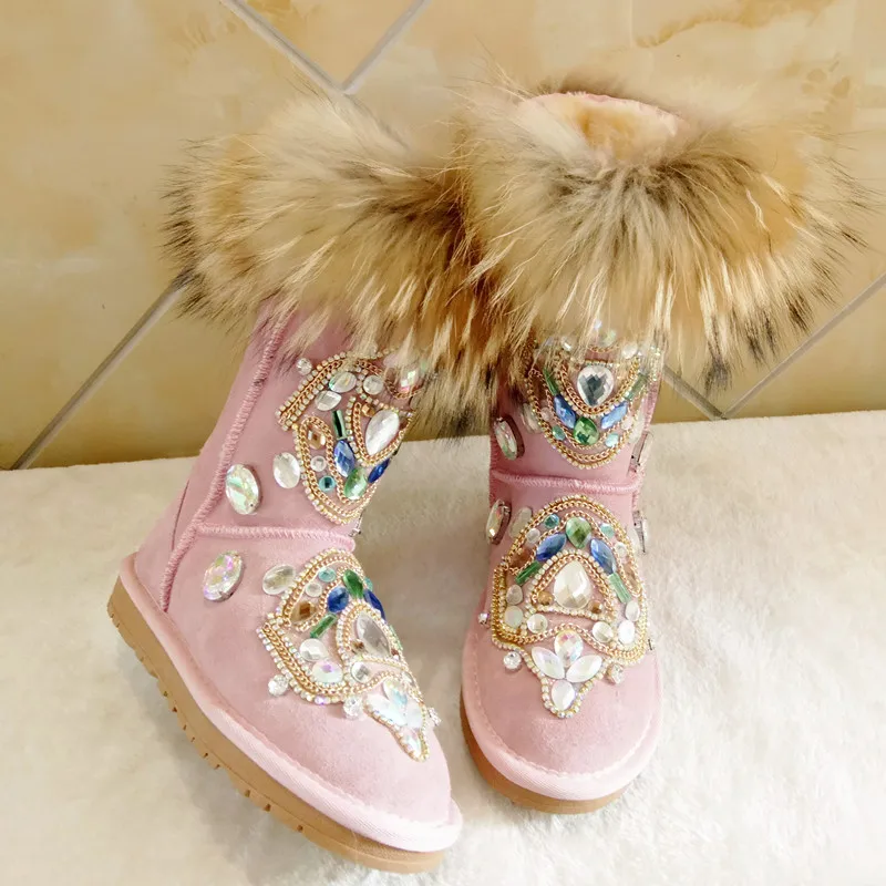 2021 Women Winter Warm Snow Boots Rhinestone Decoration Female Real Fur Ankle Boots Confortable Flat Shoes Slip On Rond Toe