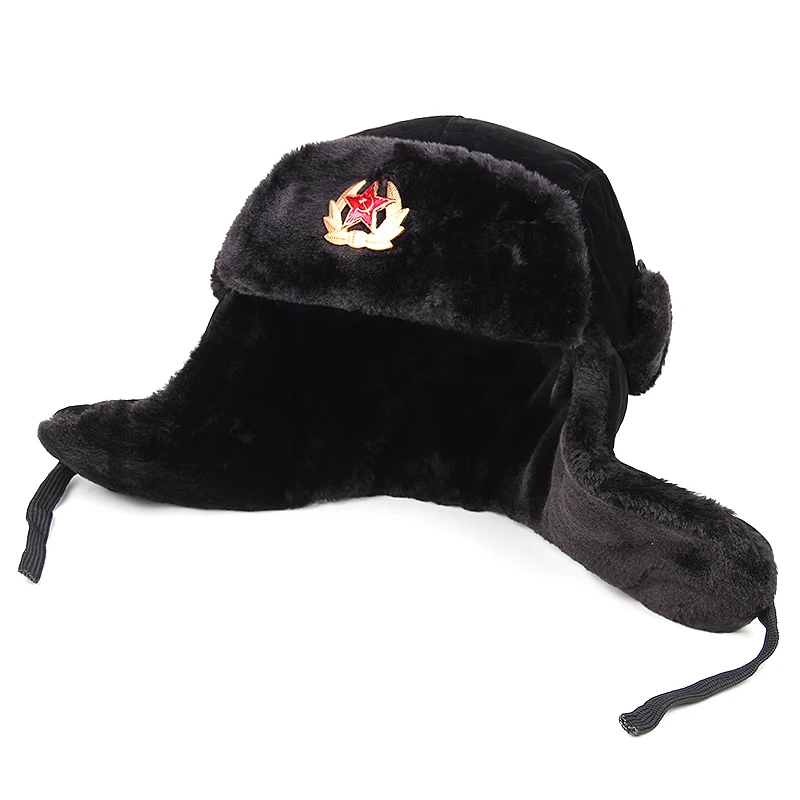 Soviet Military Badge Russian Ushanka Bomber Hat Pilot Hat Faux Rabbit Winter Hat With Fur Earmuffs Snow Hat Ski Mask Beanies