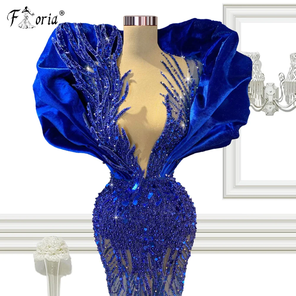 Vestido de noche con cuentas de encaje de sirena azul real para mujer, apliques 3D, volantes, largo hasta el suelo, vestido de graduación Formal para Dubai de lujo