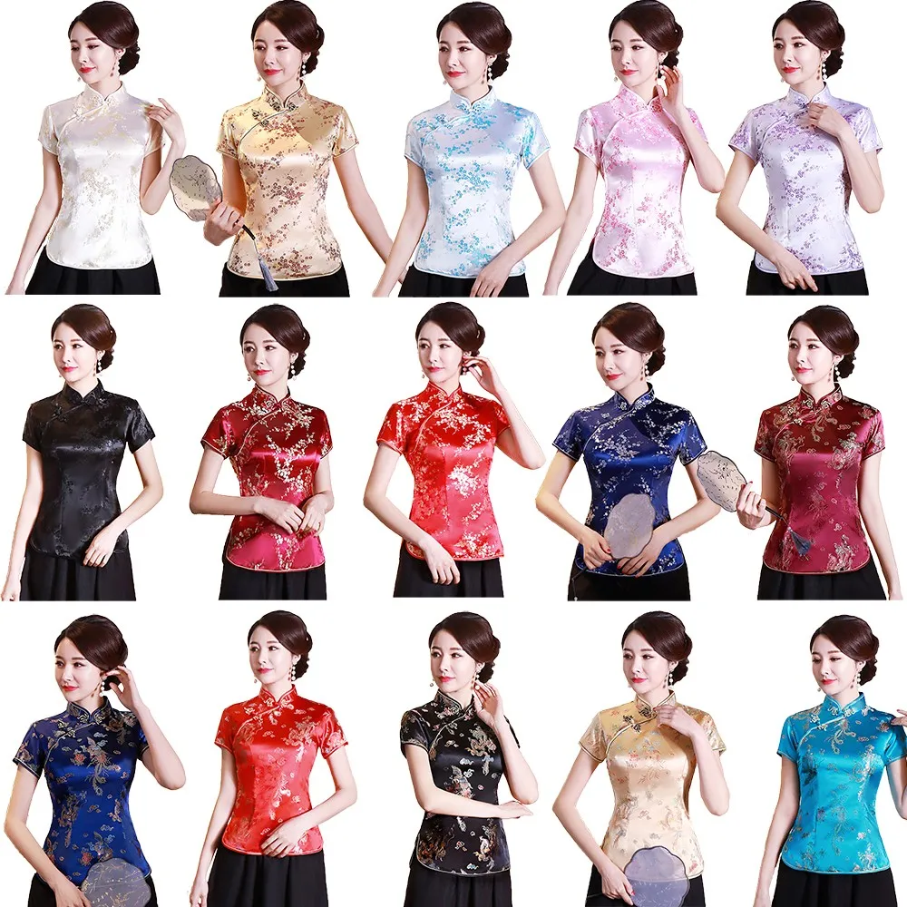 Vintage Flower Women Chinese Traditional Satin Blouse Summer Sexy Shirt Novelty Dragon Clothing Tops Plus Size 3XL 4XL WS009