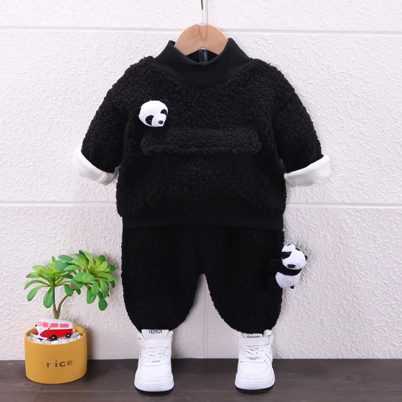 Fashion Lamb Wool Clothes Suit Baby Girls Boys Fleece Padded Coats+Pants 2Pcs Kids Panda Cartoon Outfits Children Clothing Sets