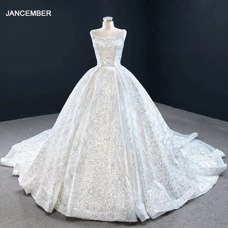 J67122  JANCEMBER Luxury Wedding Dress Ball Gown Tank Scoop Neck  Lace Up Back Chapel Train Elegant Vestito Da Festa