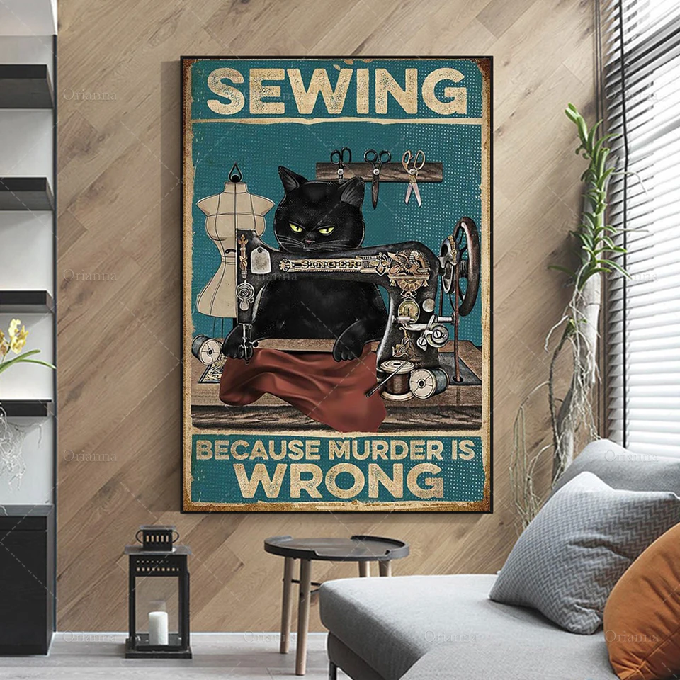 Black Cat- Sewing Because Murder Is Wrong Poster, Black Cat And Sewing Poster, Modern Home Decoration  Wall Art Oil Painting