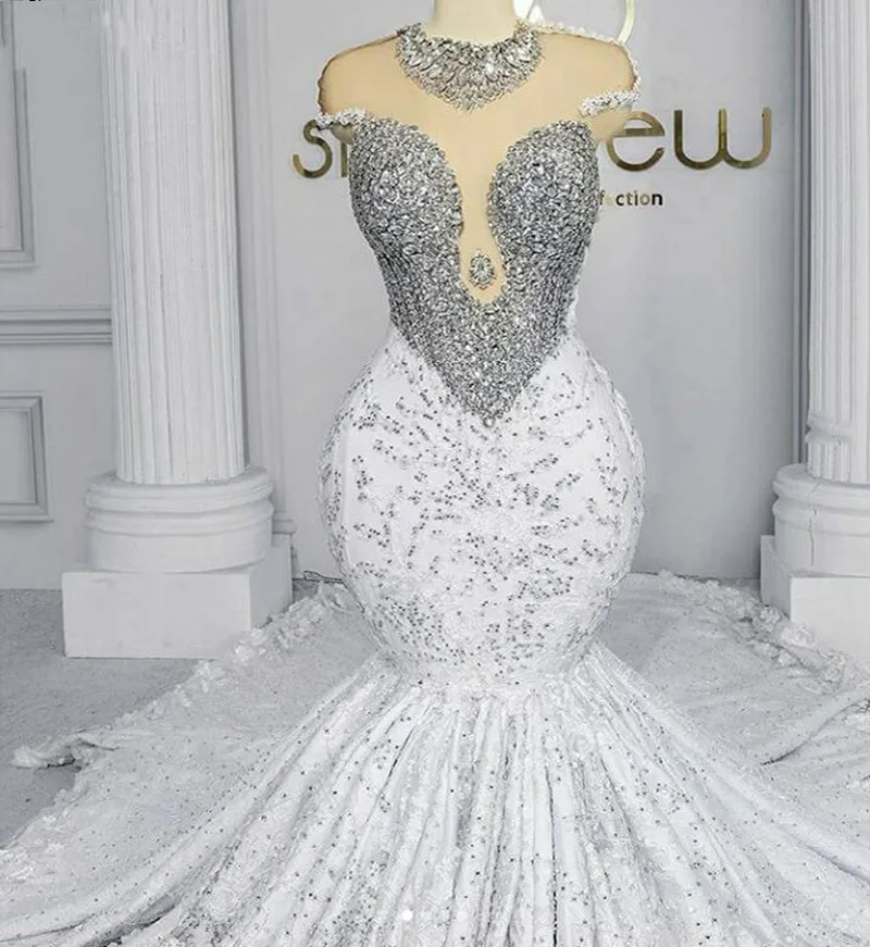 

Arabic Dubai Luxury Crystal Mermaid Wedding Dress Lace 3D Flower Bridal Gowns With Long Train Bead Customed Robe De Mariage