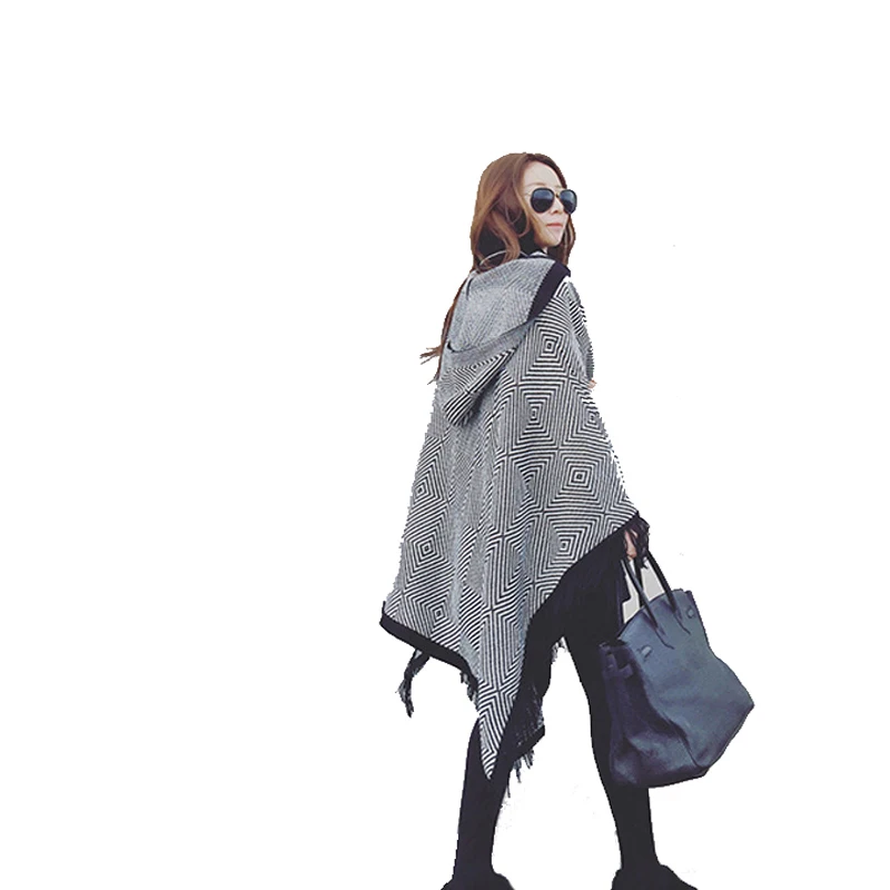 Aztec Hooded Poncho With Tassels Women's Knitted Coat Open Stitch Sweaters Ponchos New 150cm*130cm Dropshipping