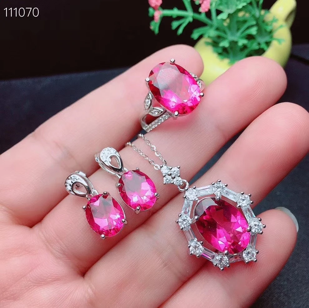 Kjjeaxcmy Mỹ Trang Sức Hồng Tự Nhiên Topaz Bạc 925 Nữ Mặt Dây Chuyền Bông Tai Vòng Cổ Bộ Nhẫn Hỗ Trợ Kiểm Tra Thời Trang