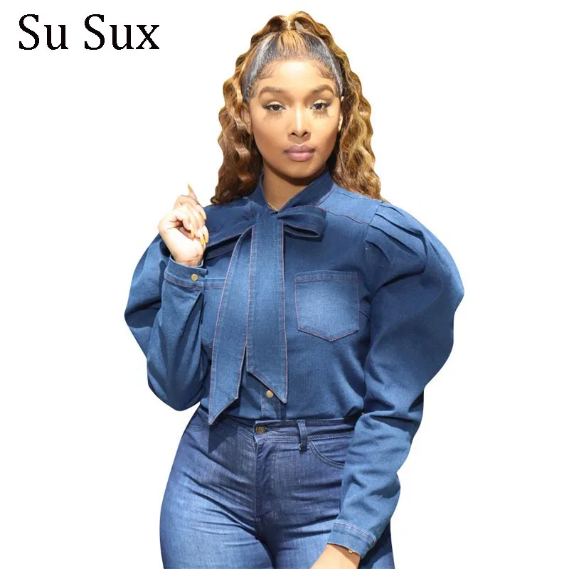 Casual Blouse Shirt African Clothes Bow Collar Lanter Sleeve Blue Denim Blouse Top African Dresses For Women Vestidos Autumn