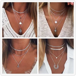 Tenande Vintage Multi Layer Party Jewelry Leaves Stars Hamsa hand Moon Chain Necklaces & Pendants for Women Hot Sale Bijuterias