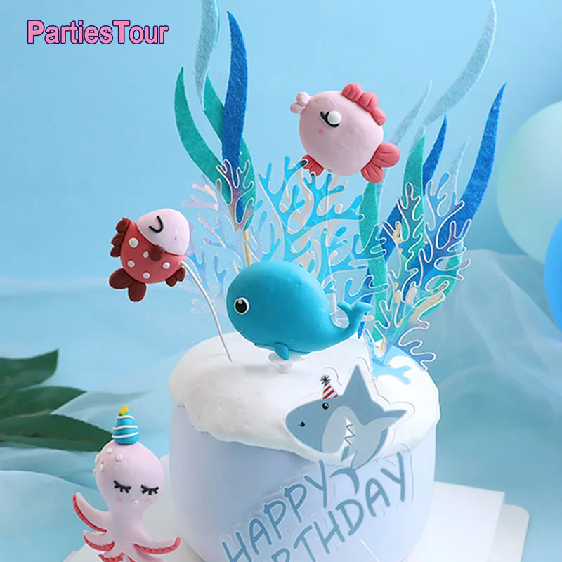 Macaroon Crab Octopus Seahorse fish mermaid Cake Toppers Cute Marine Animal Cupcake For Mermaid Birthday Party Dessert Decor