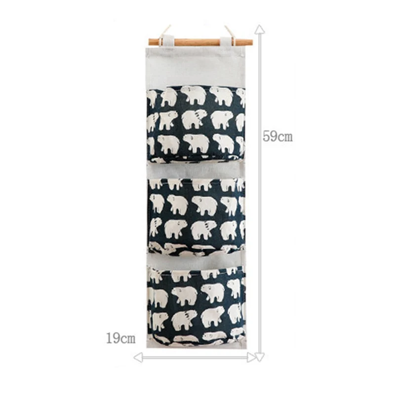 Wall Mounted Storage Bag with 3 Pockets Linen Fabric Waterproof Wall Door Closet Hanging Organizer for Bedroom Bathroom LBS