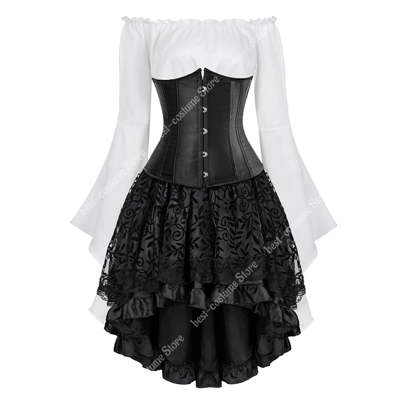 Steampunk Underbust Corset Dress Plus Size Pirate Blouse Off Shoulder Gothic Corset Skirt 3 Pieces Sets Costume