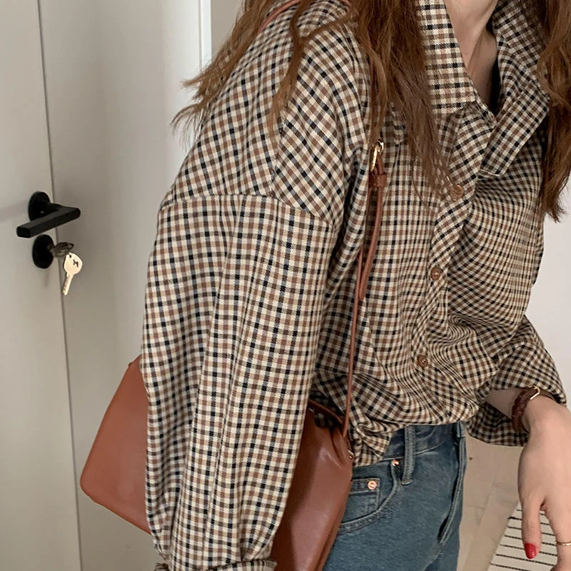 Plaid Shirts Women Retro Turn-down Collar Blouses All-match Straight Hong Kong Style Button Up Elegant Long Sleeve Outwear Femme