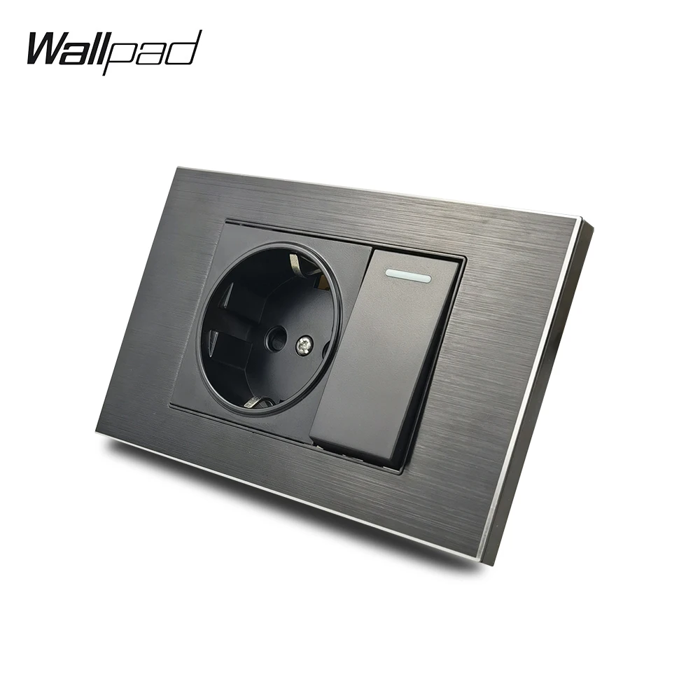 118*72mm 1 Gang Switch and EU Wall Socket Wallpad L3 Black Aluminum Panel 1 Gang On Off Light Switch and German Outlet