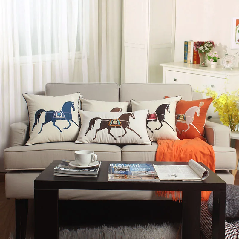 

Solid High-grade Horse Embroidered Cushion Covers Modern Simplicity Waist Pillowcases Home Sofa Bed Decor Pillow Cases Covers