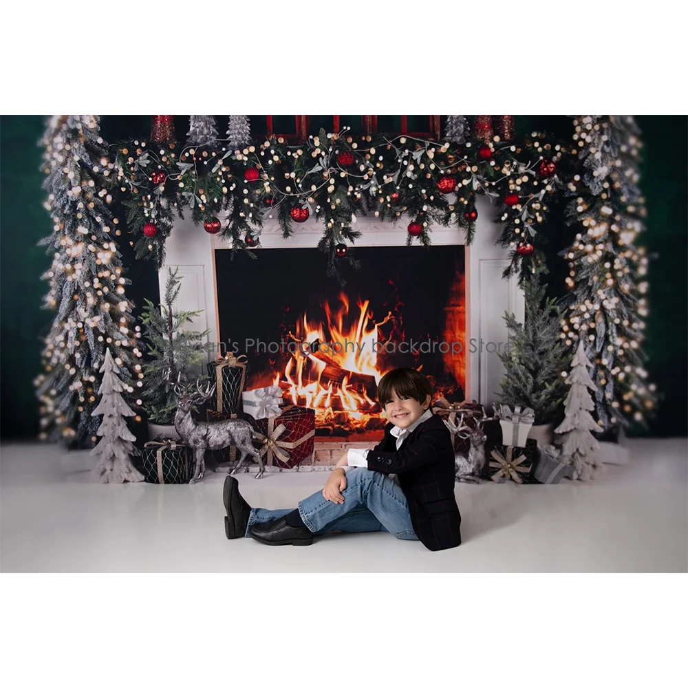 Weihnachts kamin Hintergrund Kinder Baby Fototermin Kind Winter Schneeflocke Dekor Weihnachts bäume Holzfenster Geschenk box Fotostudio