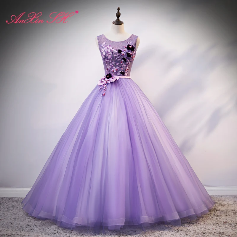 

AnXin SH princess purple lace o neck beading crystal rose flower pink bow sleeveless ball gown illusion customized evening dress