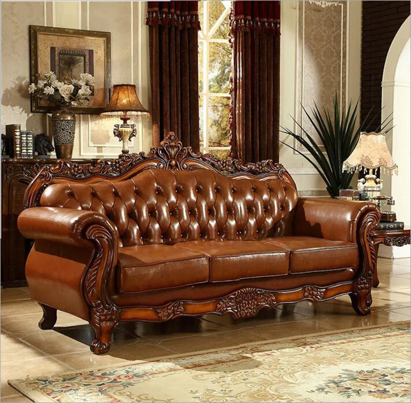 

high quality European antique living room sofa furniture genuine leather set 10251