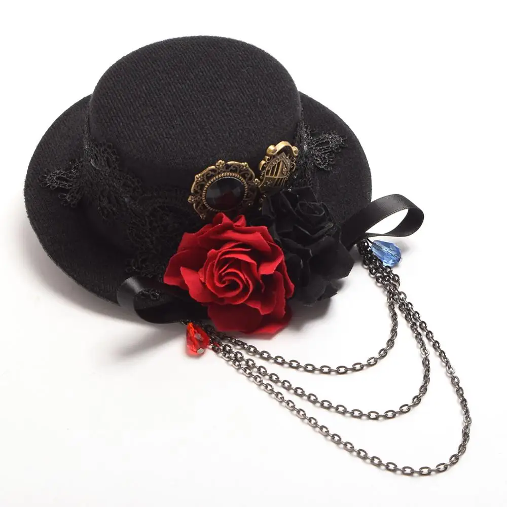 Women Fedora Hat Steampunk Flower Rose Mini Top Hat Hair Clip Punk Gothic Gear Decoration Headpiece