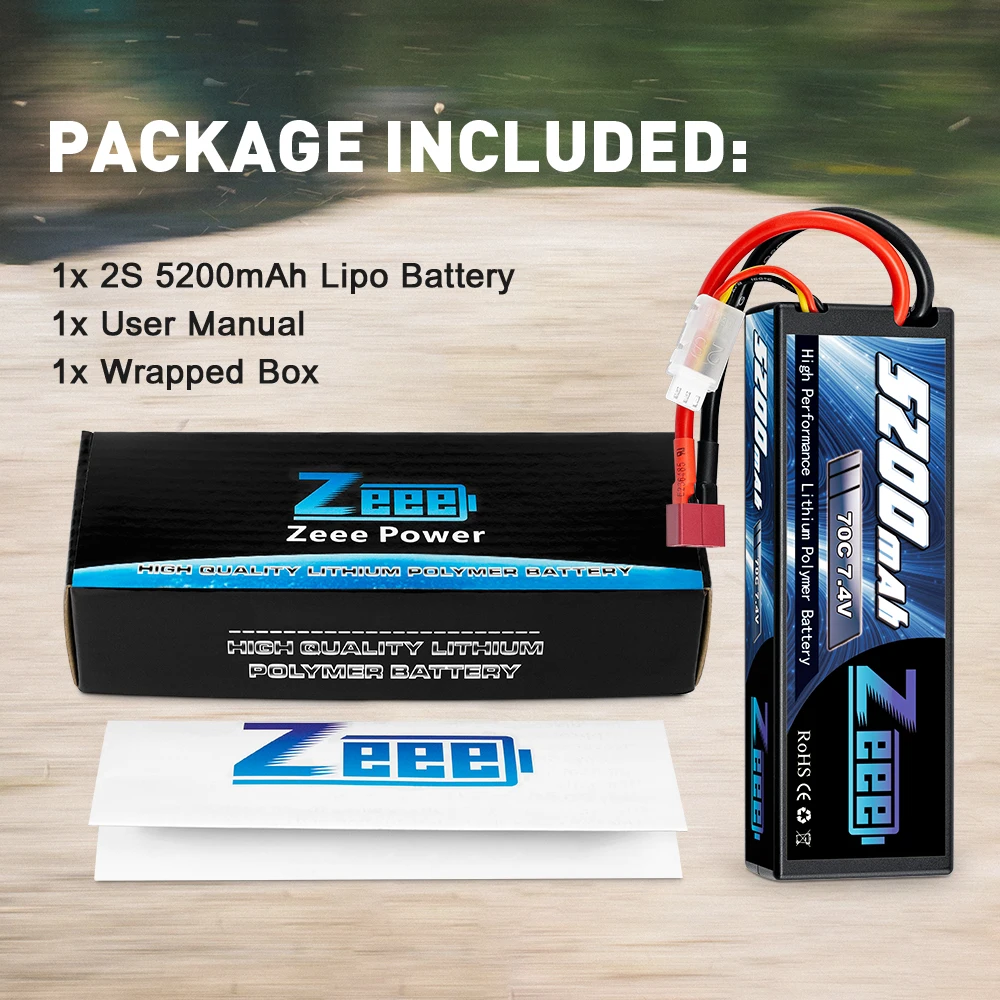 Zeee-Bateria Lipo com Deans Plug, 7.4V, 70C, 5200mAh, 2S, estojo rígido para veículos RC, carro, caminhões, avião, barcos, 1, 8, 1, 10