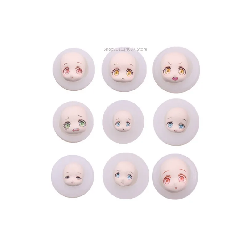 9Pcs/Set Q Face Silicone Face Mold Ultra-Light Clay Soft Ceramic Fondant Mould DIY Anime Face Universal Doll Face Model XJ92