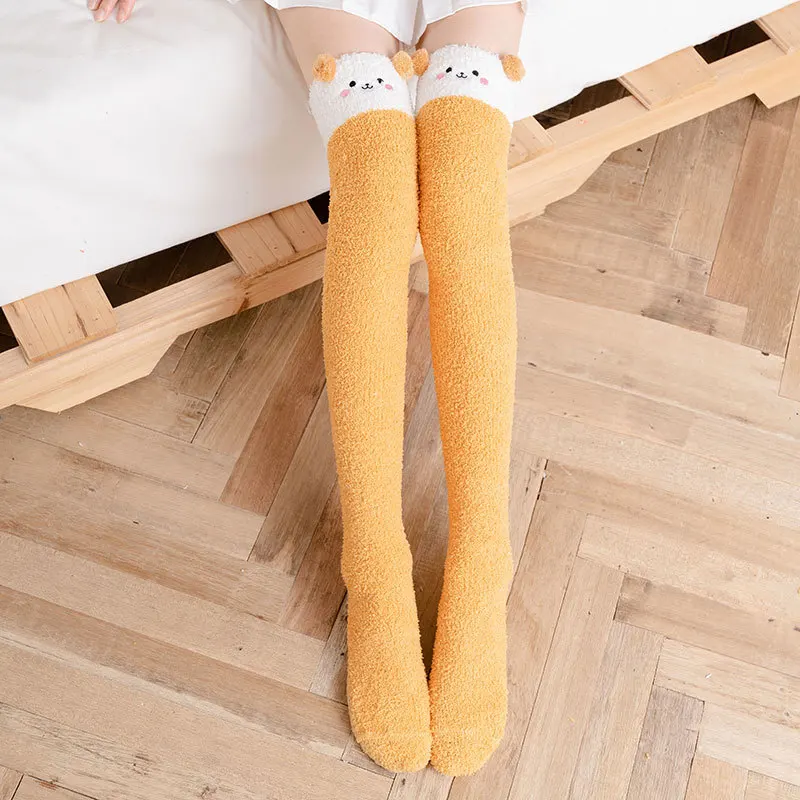 Soft Coral Fleece Knee Socks Winter Warm Girl Women Cute Cartoon Animal Stockings Striped Cozy Thigh High Christmas