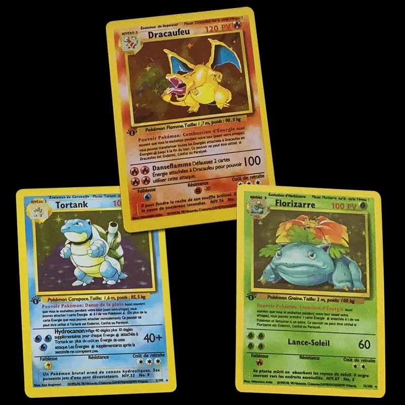 Cartoon Kawaii Anime Pokemon French Flash Card 1996 First Edition Blastoise Charizard Venusaur Pikachu Game Collector\'s Card