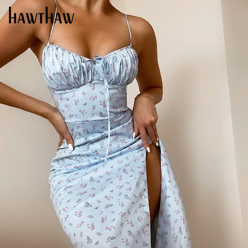 Hawthaw Women Fashion Summer Sleeveless Bodycon Slim Floral Printed Pencil Split Dress Sundress 2021 Female Clothing Streetwear