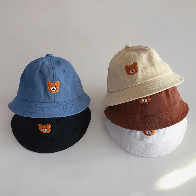 New Baby Bucket Hat Cartoon Cute Bear Embroidery Sun Hats  Soft Cotton Outdoor Children Fisherman Panama Cap