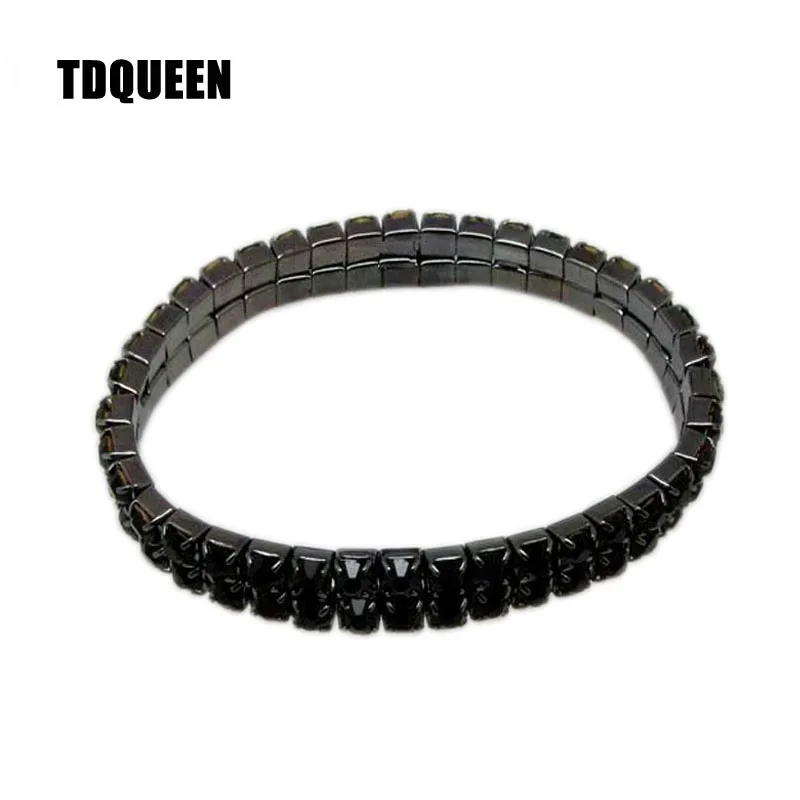 TDQUEEN 2 Rows Rhinestone Bangle Bracelet Black Gun Plated Metal Elastic Stretch Black Crystal Indian Bangles for Women