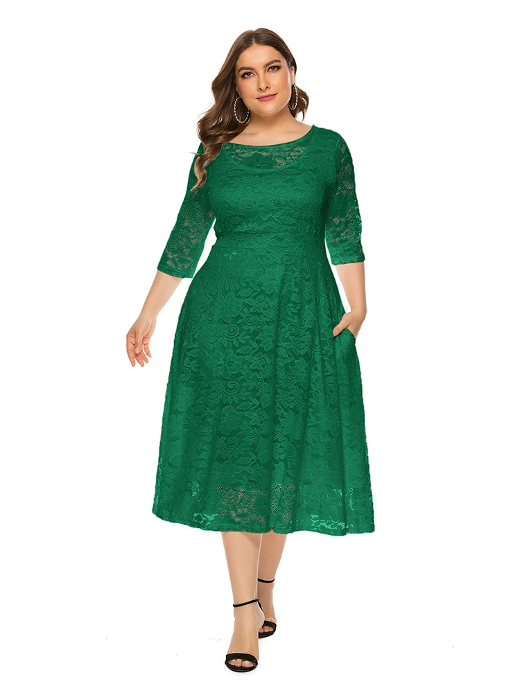 Plus Size Lace Evening Dress A-line Tea-length Dress with Pockets for Party vestidos de fiesta de noche Half Sleeve Family Party