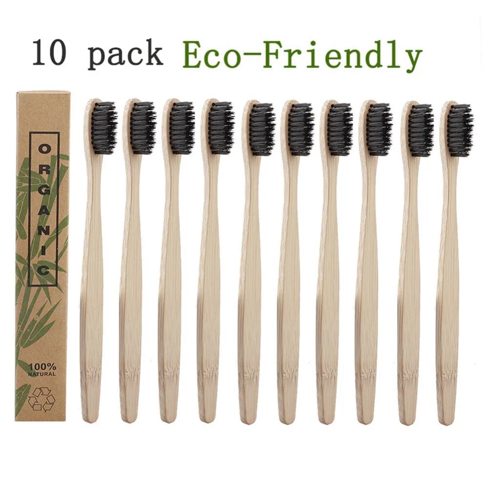 10pcs/Set Pure Natural Bamboo Eco-Friendly Toothbrush Soft-bristle Charcoal Square Wooden Handle Toothbrushes Dental Care Tools