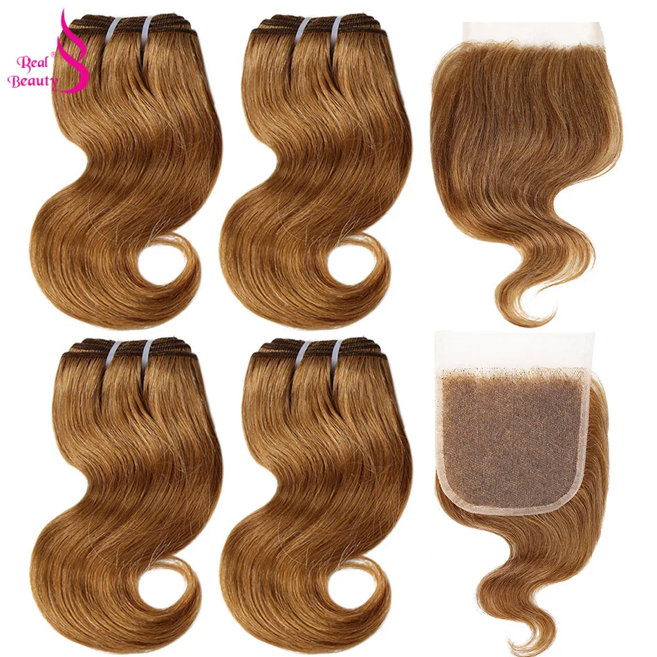 Real Beauty 4 Bundles With Closure 50g/pc Peruvian Body Wave Human Hair With Lace Closure Honey Blond 99j Remy  Wavy Hair