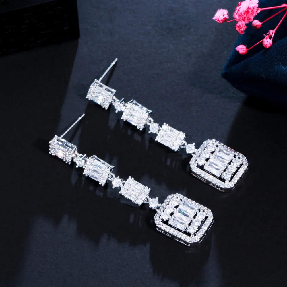 Pera Classic White Square Shape Cubic Zirconia Silver Color Long Dangle Drop Earrings Prom Party Dress Jewelry for Female E851 image 3