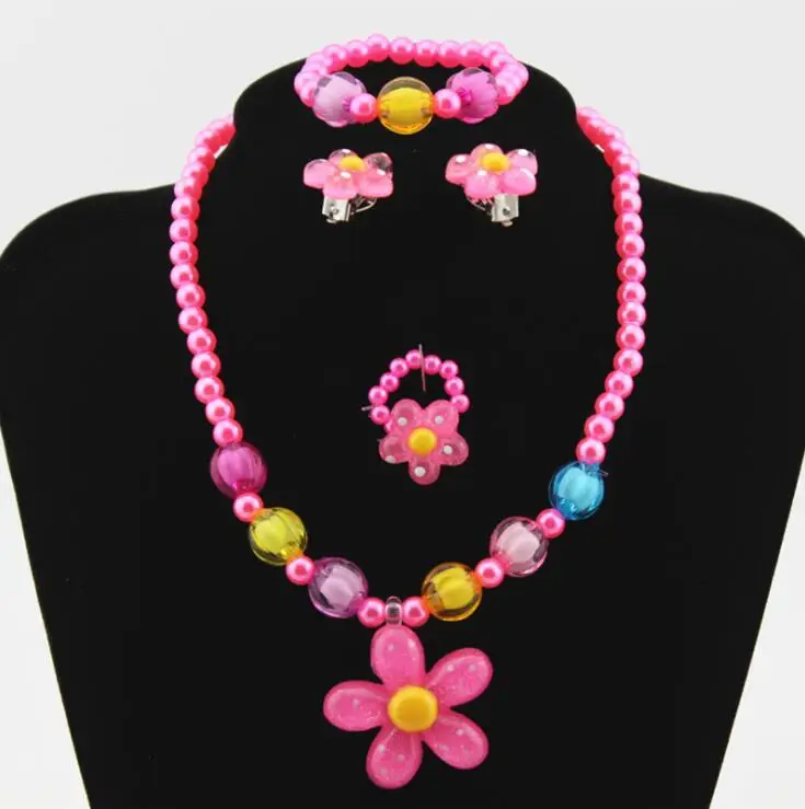 Children's necklace Imitation Pearl Pink Beads Flower Necklace Ring earring bracelet For Kids Girls Children Jewelry Sets