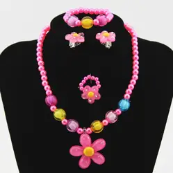 Children's necklace Imitation Pearl Pink Beads Flower Necklace Ring earring bracelet For Kids Girls Children Jewelry Sets