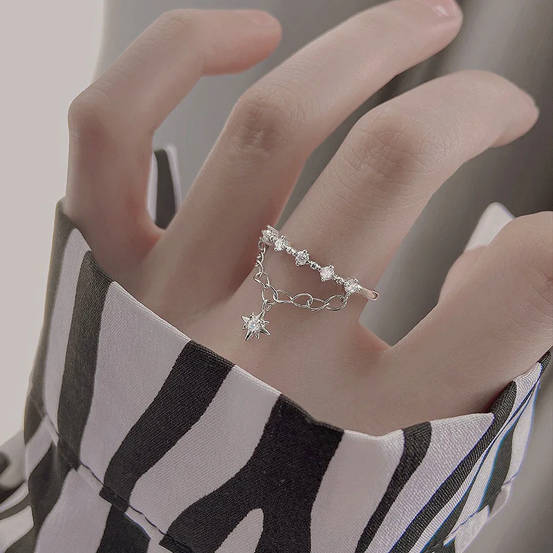 CIAXY Silver Color Double-layer Chain Rings for Women Charming Zircon Star Open Ring Luxury Jewelry Anillos Mujer