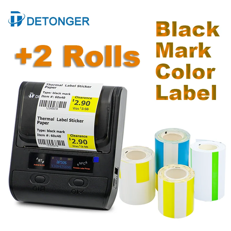 

DETONGER DP30S 80mm Mini Portable Thermal Printer with 2 Rolls Black Mark Label Sticker BT Barcode Maker Android / iOS