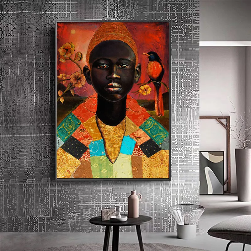 

Canvas Painting Gold Life Africa Pictures Posters and Prints Black Woman With Bird On Canvas Pictures For Living Room Wall Art