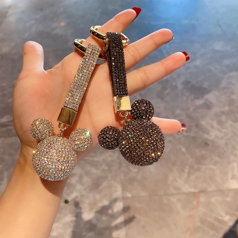 Mickey Cute Shape Keychain for Car Full-Diamond Crystal Bag Charm Pendant Car Key Ring Interior Decorative Ladies Gifts