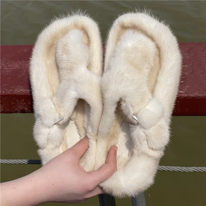 Luxury 100% Real Mink Fur Slippers For Women Shoes Ladies Slippers Women\'s Casual Real Fur Slides Flip Flop Flat Femme Shoes