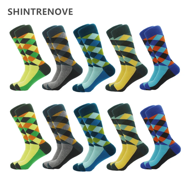 

10 Pairs/Lot Happy Men Socks High Quality Casual Combed Cotton Funny Socks Classic Diamond Harajuku Dress Clothing Socks For Men