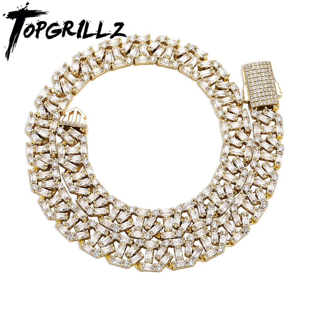 TOPGRILLZ New 12mm Baguette Chain Link Necklace in White Gold Vintage Women's Neck Chain Hip Hop Fashion Jewelry For Gift