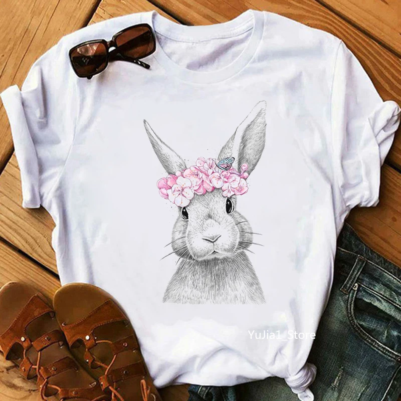 

Sketch Bunny With Pink Flowers Print T-Shirt Women Clothes 2024 Cute Butterfly Tshirt Femme Summer Tops Fashion T Shirt Female