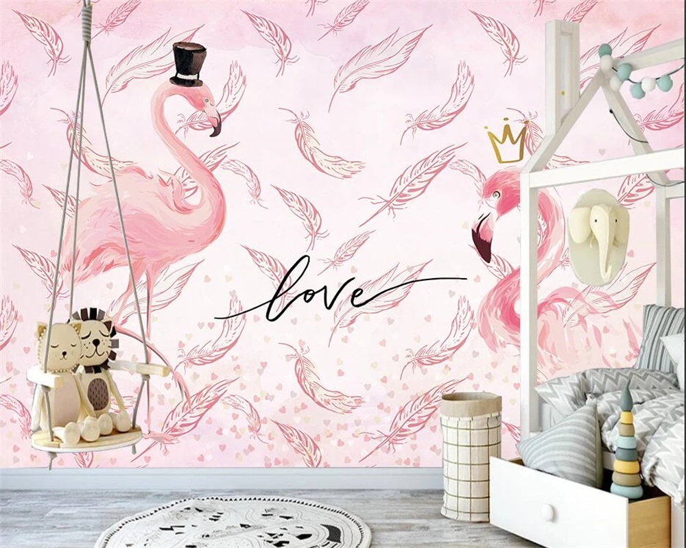 

Customized 3d wallpaper flamingo feather children's room background wall decoration painting 3d wallpaper mural