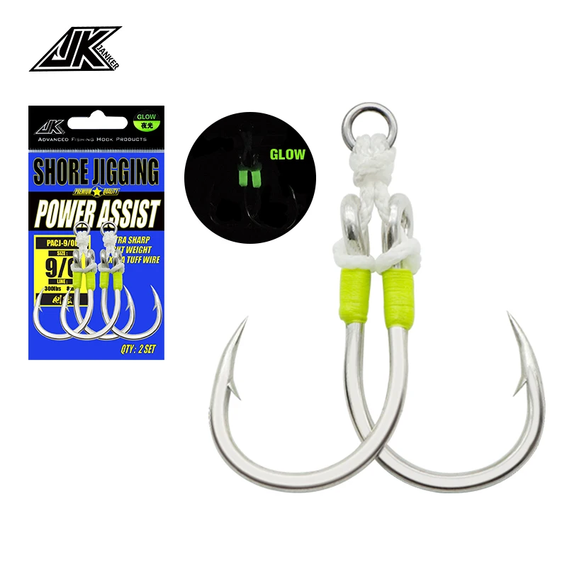 JK PACJ Fishing Power Twin Assist Hooks Set 1/0-11/0 Luminous Heavy Jig Hook Boat Fishing Accessories Saltwater Fishhooks